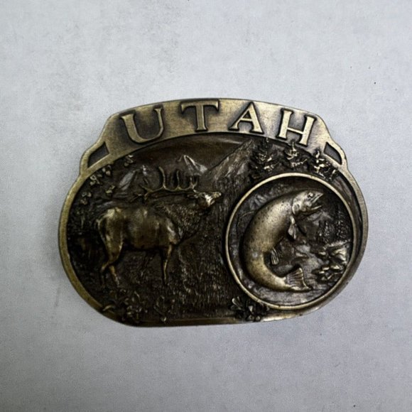 Vintage 80's 1985 UTAH Deer Elk Trout C+J‎ Oval Belt Buckle Pewter Made in USA - Picture 1 of 5